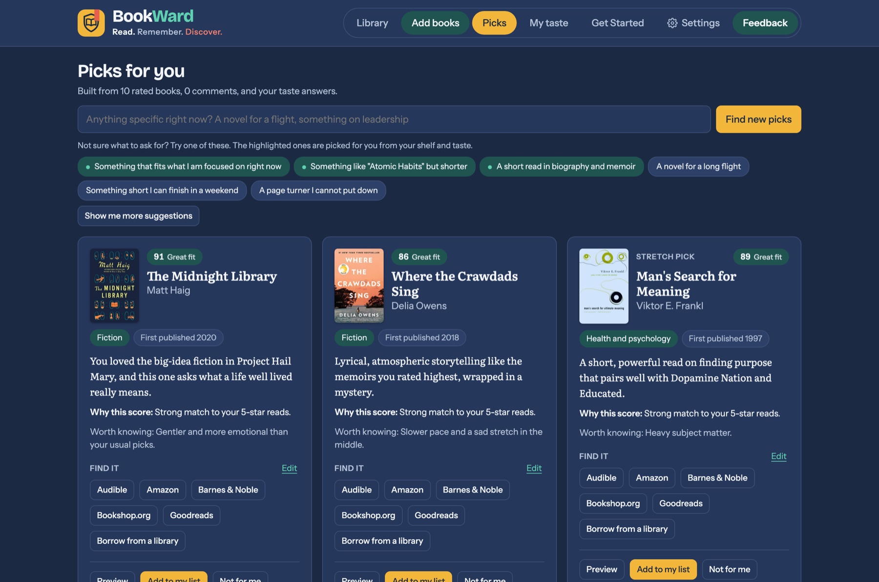 BookWard personalized book recommendations with fit scores