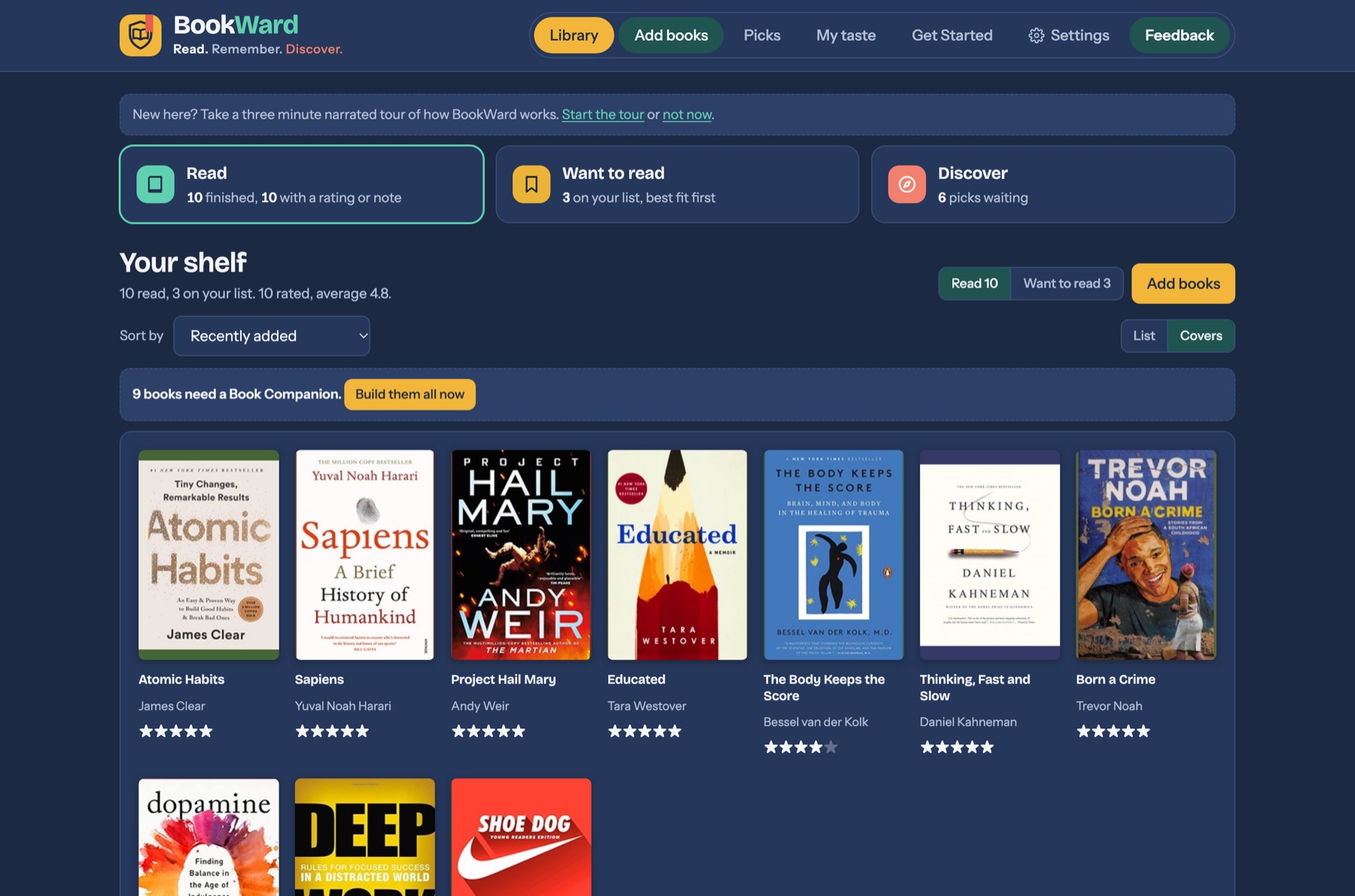 BookWard's cover wall showing a shelf of books with ratings